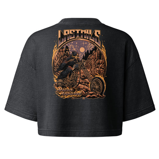 Last Rites Crop women's motorcycle crop top, back graphic, reaper riding a chopper through a desert canyon at night