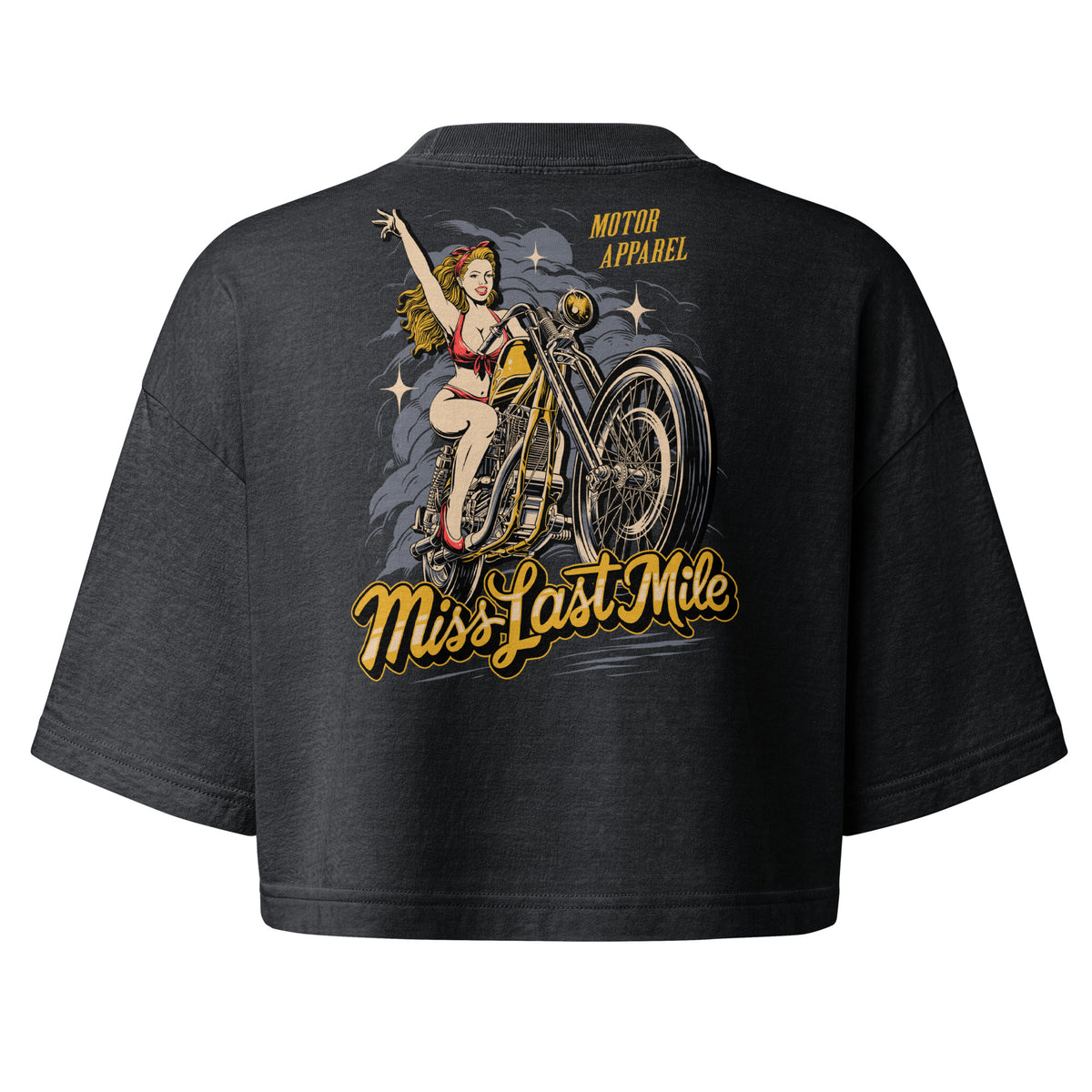 Miss Last Mile Crop women's motorcycle crop top, back graphic, pin-up riding a chopper in red and gold