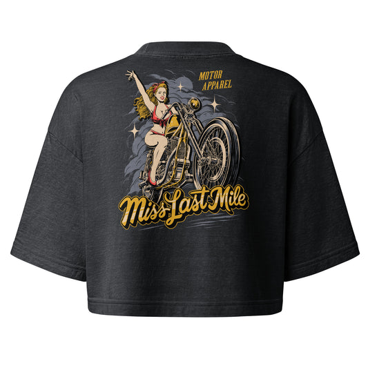 Miss Last Mile Crop women's motorcycle crop top, back graphic, pin-up riding a chopper in red and gold