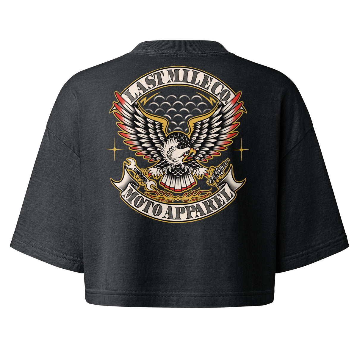 Grease and Gold Crop women's motorcycle crop top, back graphic, full colour traditional tattoo eagle with wrench and spark plug