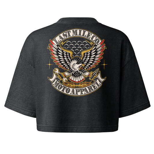 Grease and Gold Crop women's motorcycle crop top, back graphic, full colour traditional tattoo eagle with wrench and spark plug