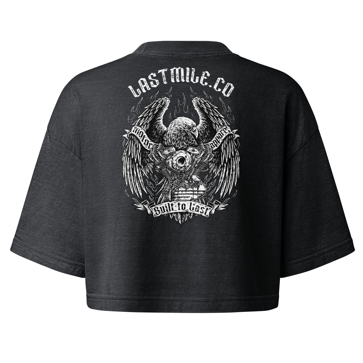 Wing and Iron Crop women's motorcycle crop top, back graphic, bald eagle gripping a V-twin engine