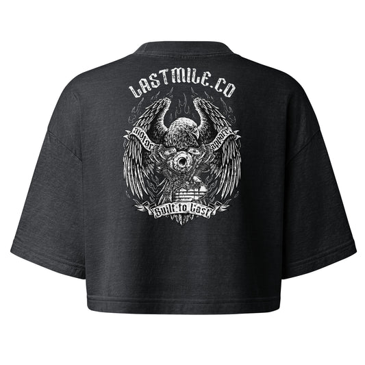 Wing and Iron Crop women's motorcycle crop top, back graphic, bald eagle gripping a V-twin engine