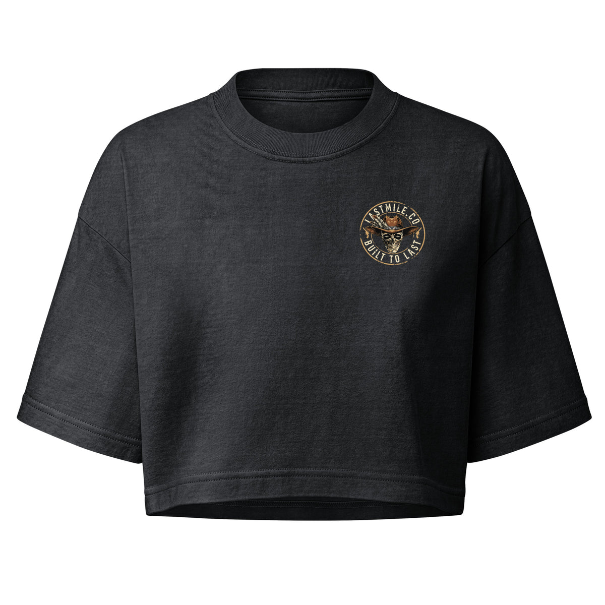 Built to Last Crop women's motorcycle crop top, front view, skull chest badge