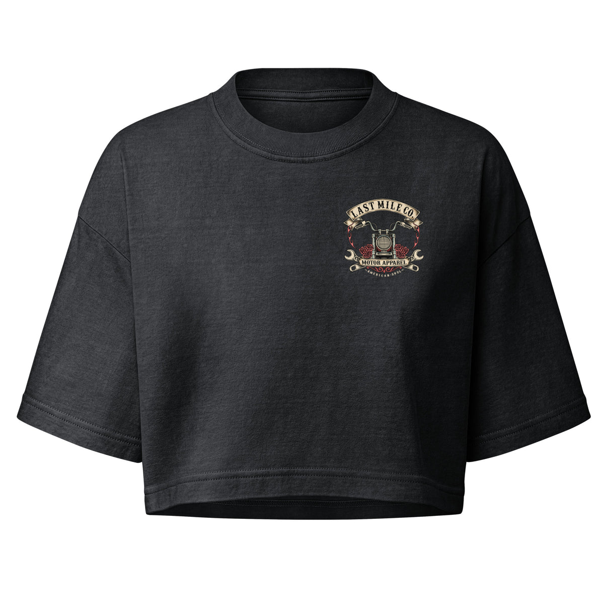 Roses and Chrome Crop women's motorcycle crop top, front view, wrench and headlamp chest crest