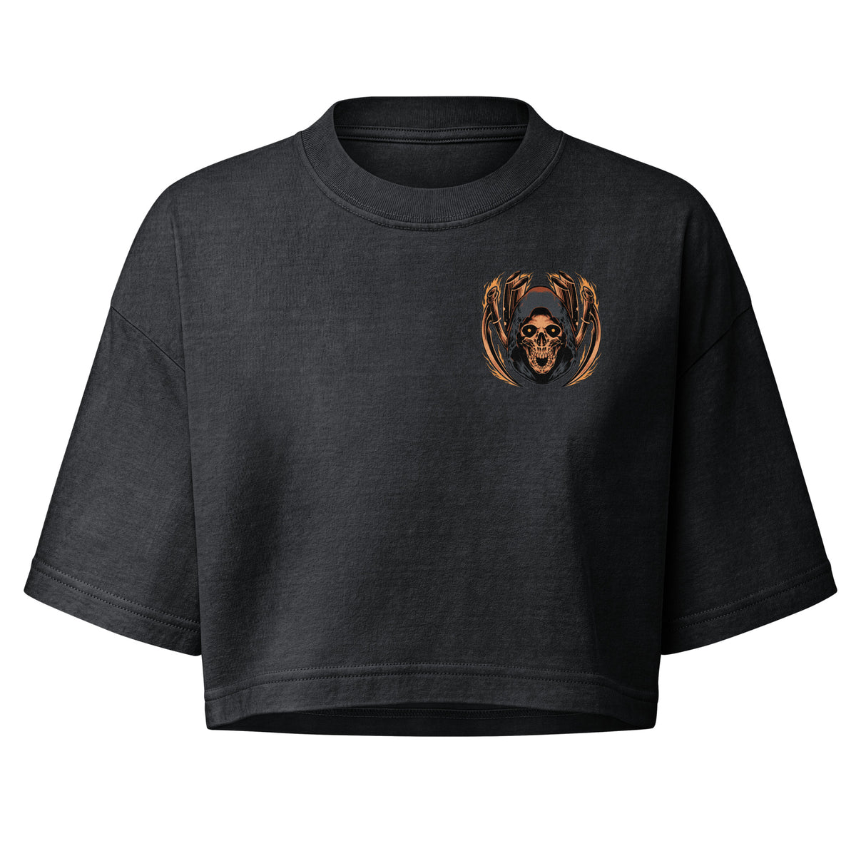 Last Rites Crop women's motorcycle crop top, front view, hooded skull chest badge with exhaust pipes
