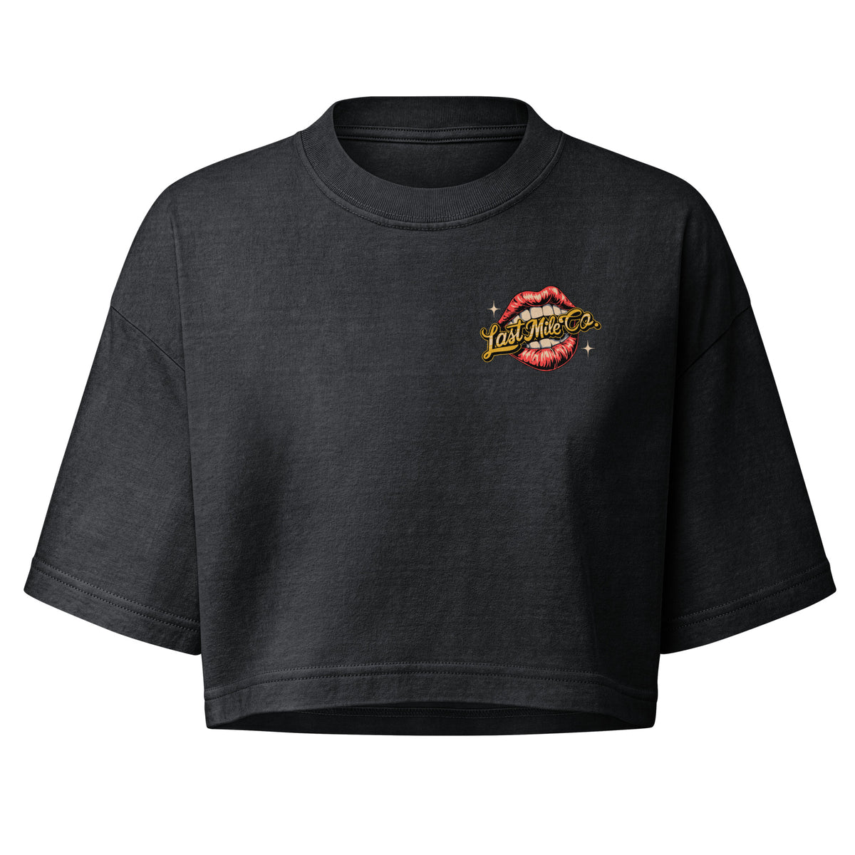 Miss Last Mile Crop women's motorcycle crop top, front view, red lips chest badge