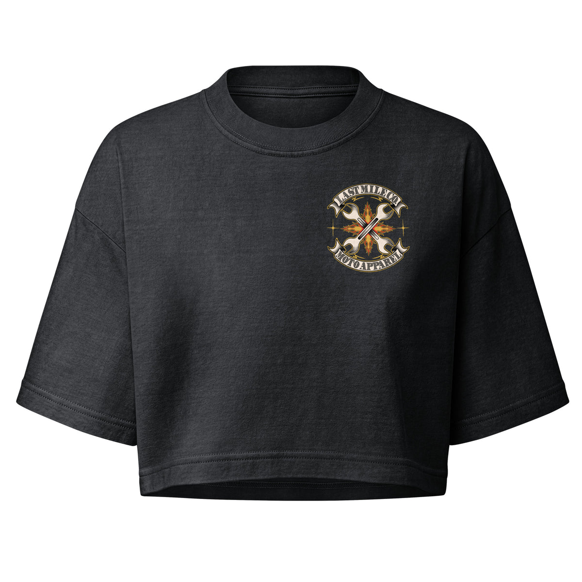 Grease and Gold Crop women's motorcycle crop top, front view, crossed wrenches chest badge