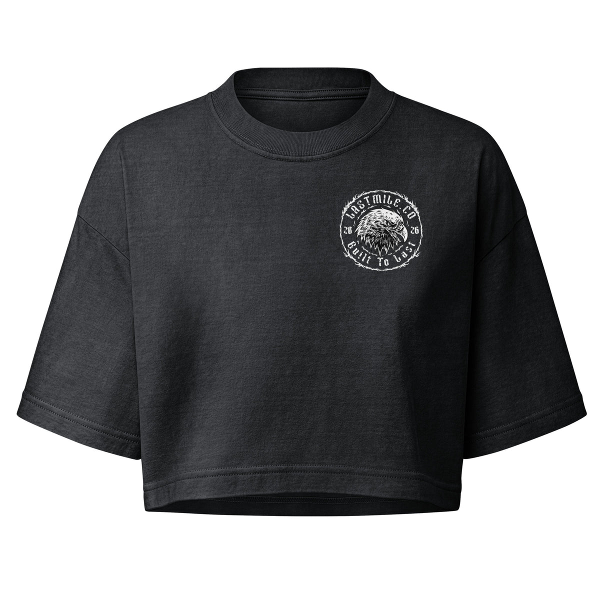 Wing and Iron Crop women's motorcycle crop top, front view, circular eagle chest badge